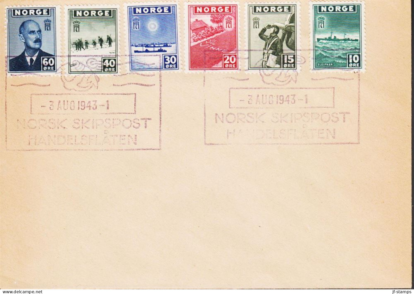 1943. NORGE. Fine Envelope With 10, 15, 20, 30 40 And 60 ØRE London Issue Cancelled With ... (Michel 278-283) - JF545677 - Briefe U. Dokumente