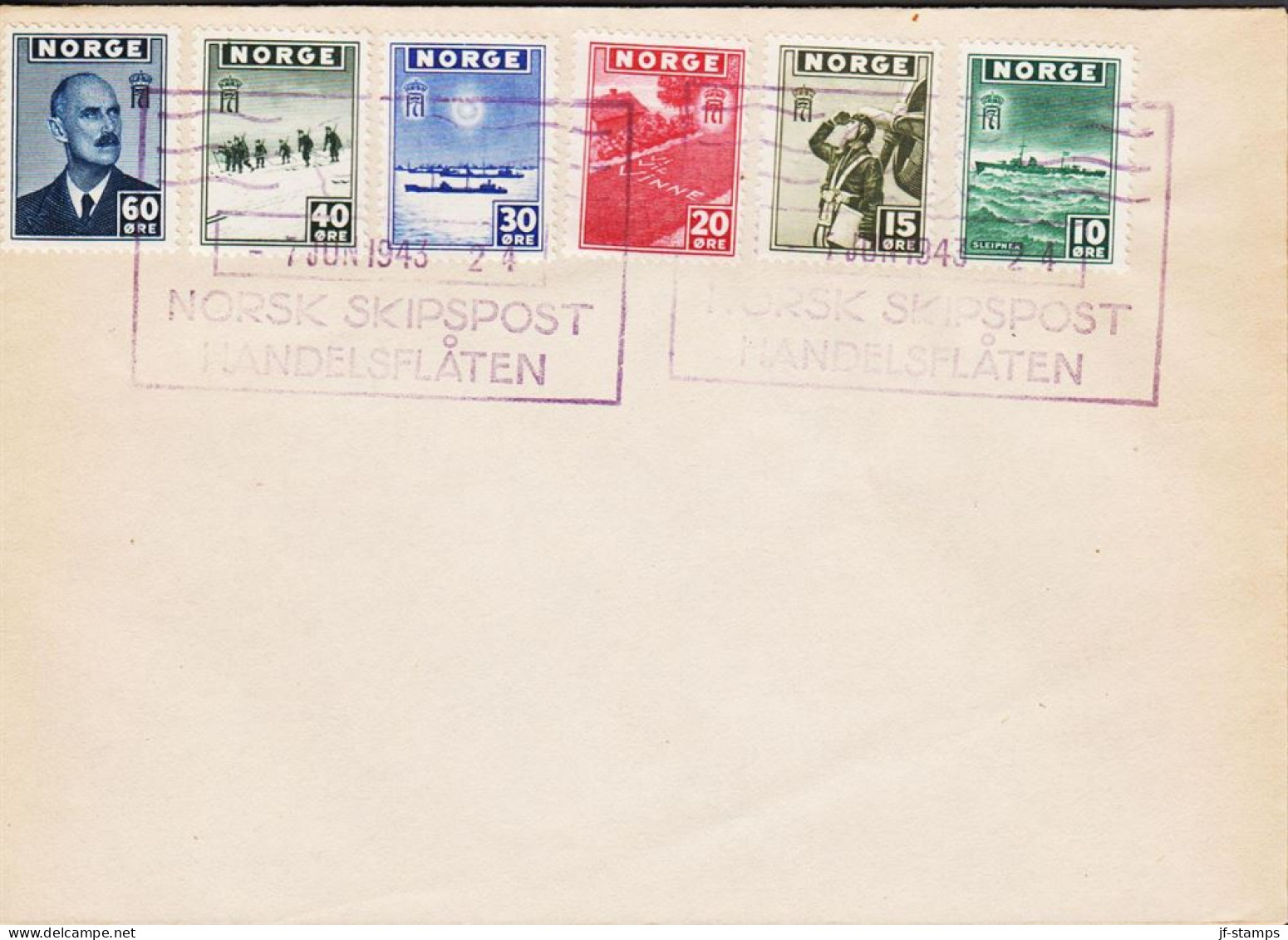 1943. NORGE. Fine Envelope With 10, 15, 20, 30 40 And 60 ØRE London Issue Cancelled With ... (Michel 278-283) - JF545678 - Covers & Documents