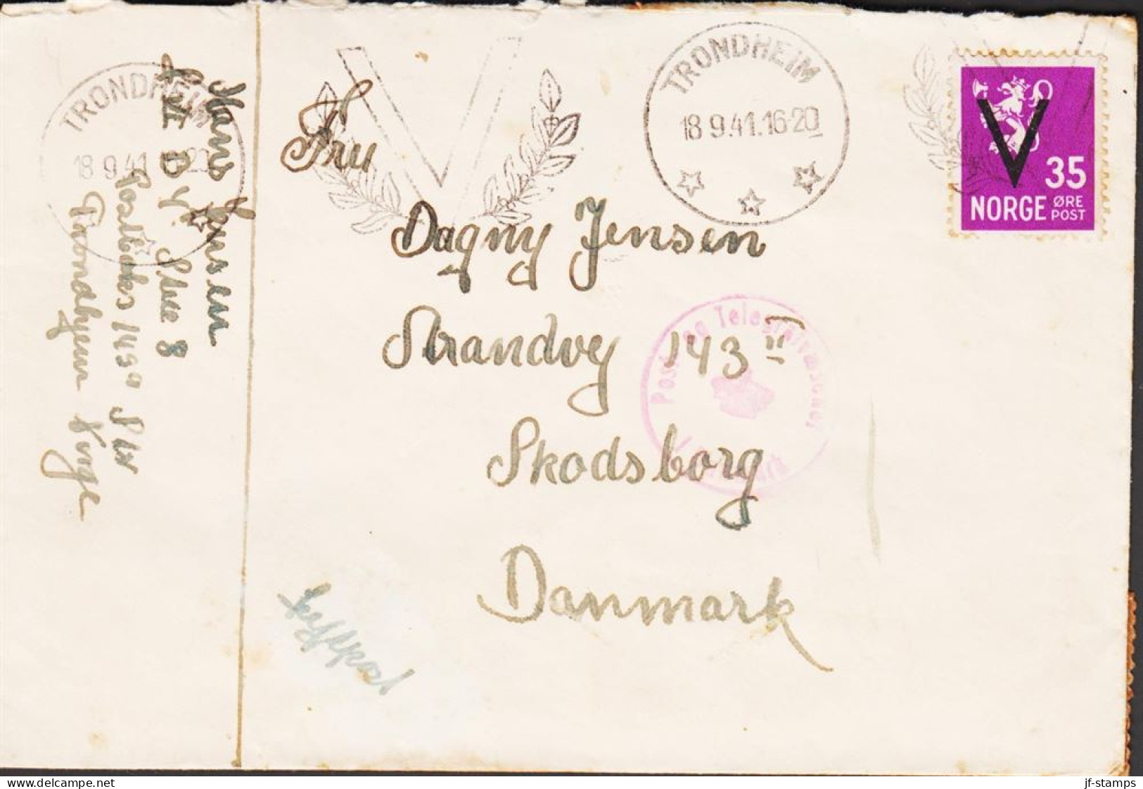 1941. NORGE. Very Interesting Envelope With 35 ØRE Lion Overprinted V And Cancelled TRONDHEIM... (MICHEL 249) - JF545679 - Cartas & Documentos