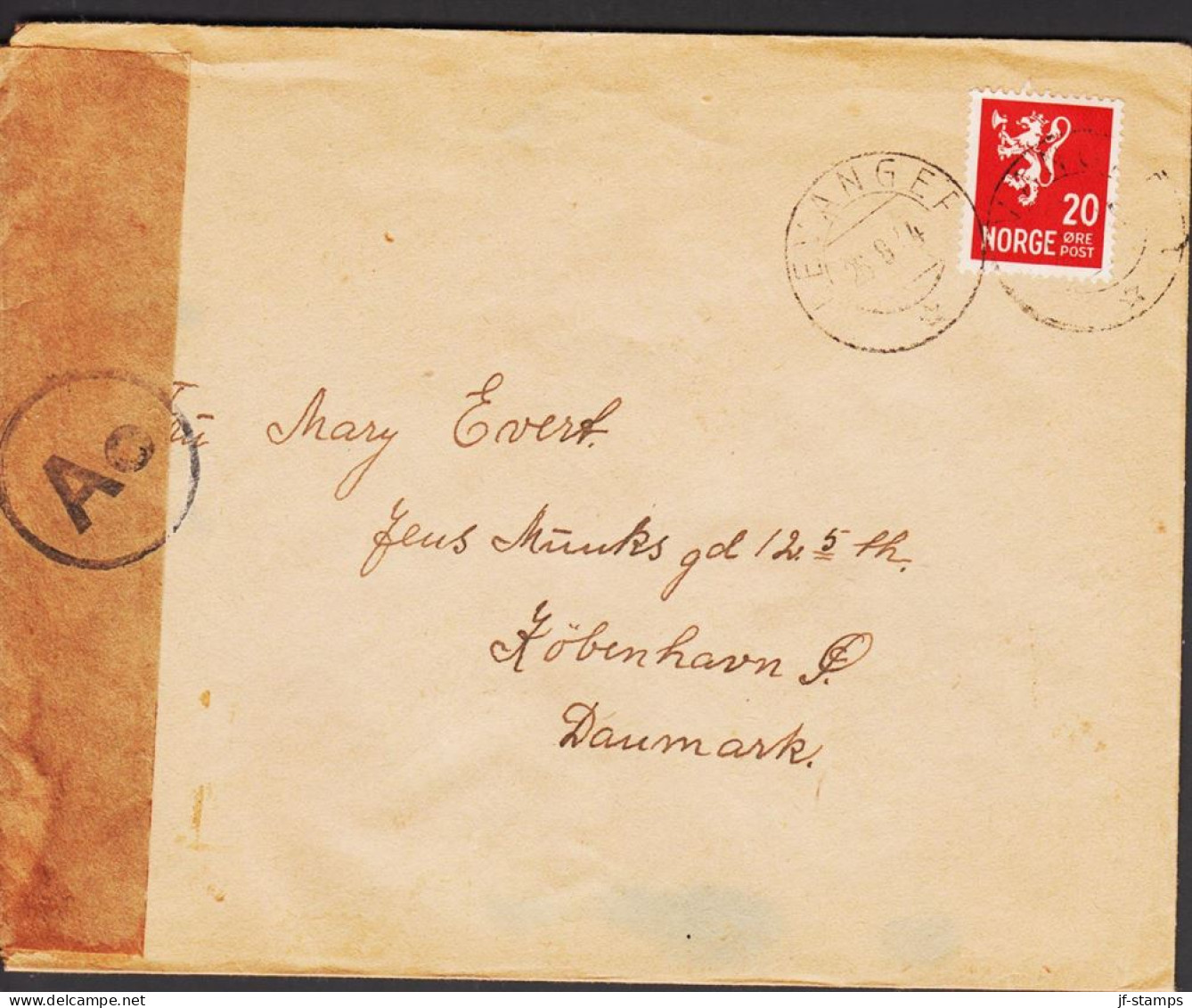 1941. NORGE. Very Interesting Censored Envelope With 20 ØRE Lion Cancelled LEVANGER 26 8 44 T... (MICHEL 184) - JF545681 - Briefe U. Dokumente