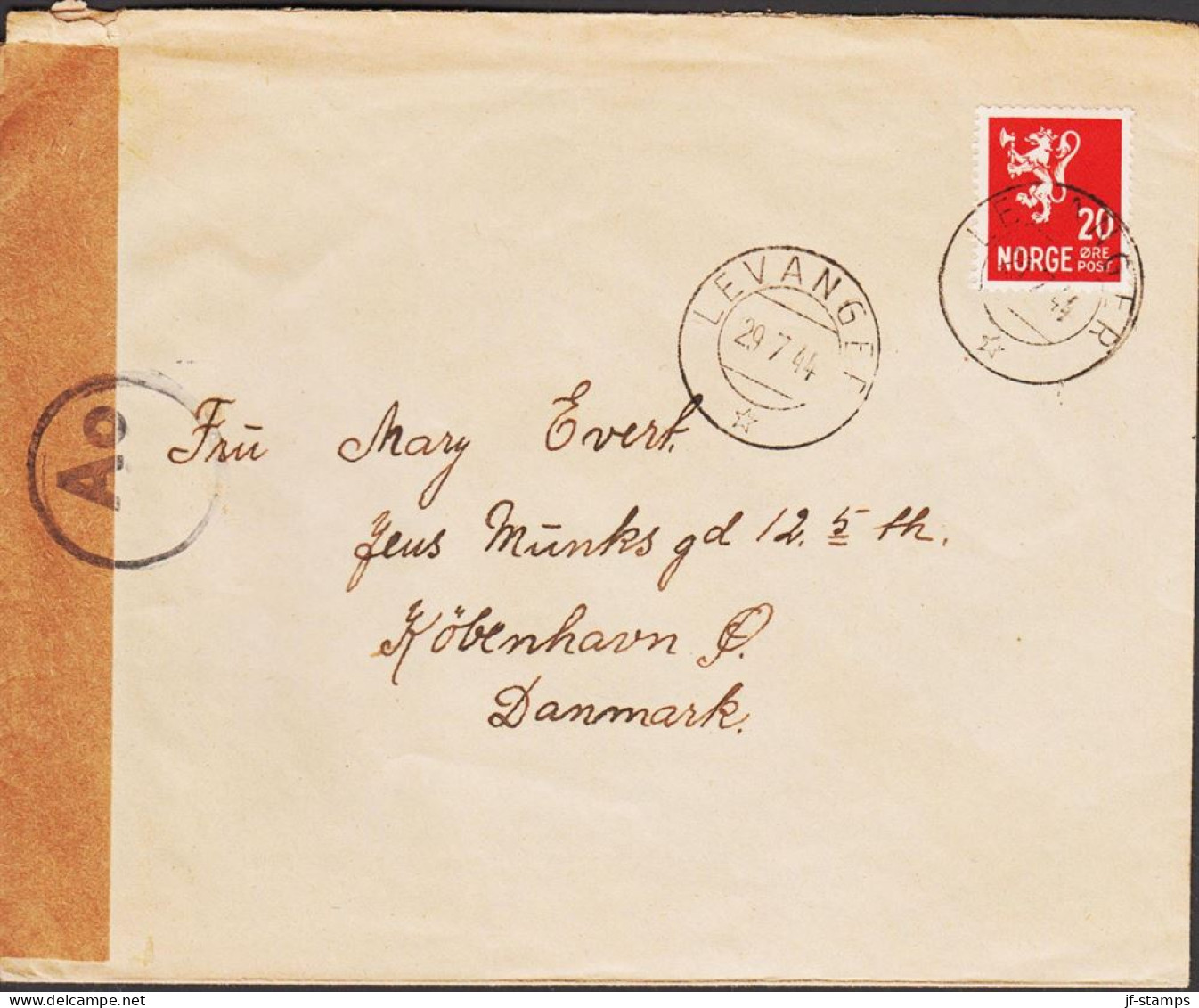 1941. NORGE. Very Interesting Censored Envelope With 20 ØRE Lion Cancelled LEVANGER 29 7 44 T... (MICHEL 184) - JF545682 - Briefe U. Dokumente