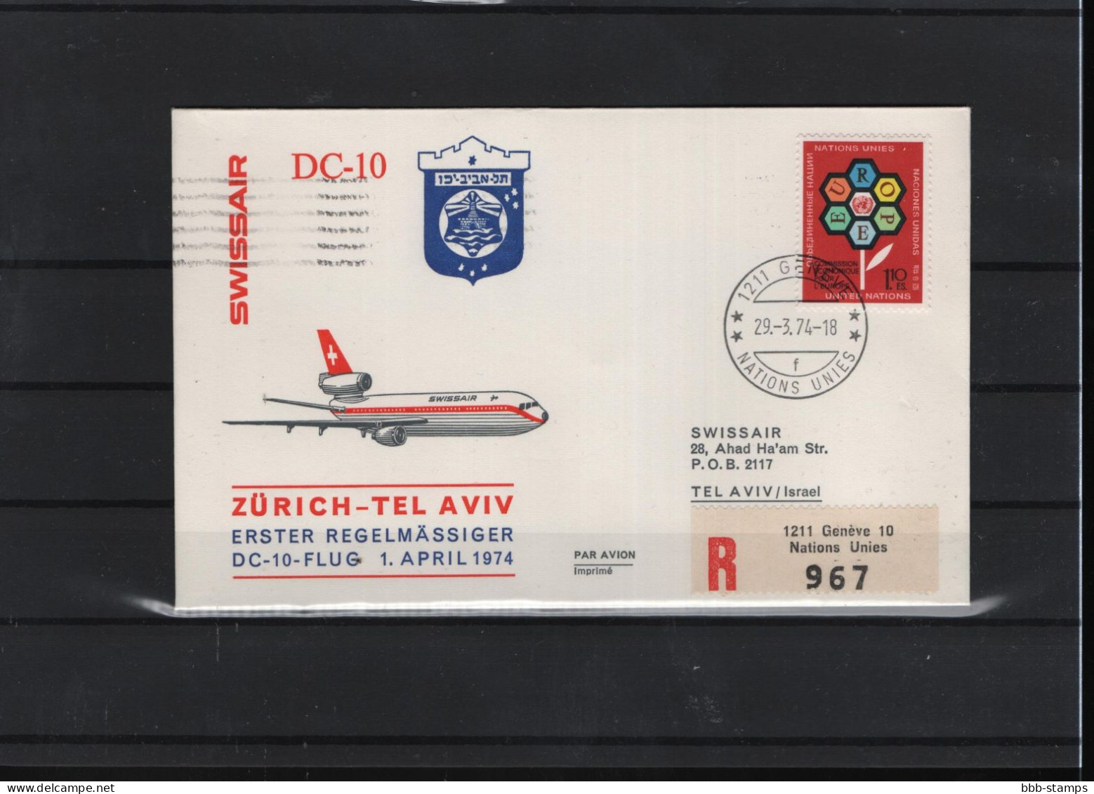 Schweiz Luftpost FFC Swissair  29.3.1974 Zürich - Tel Aviv - Primeros Vuelos