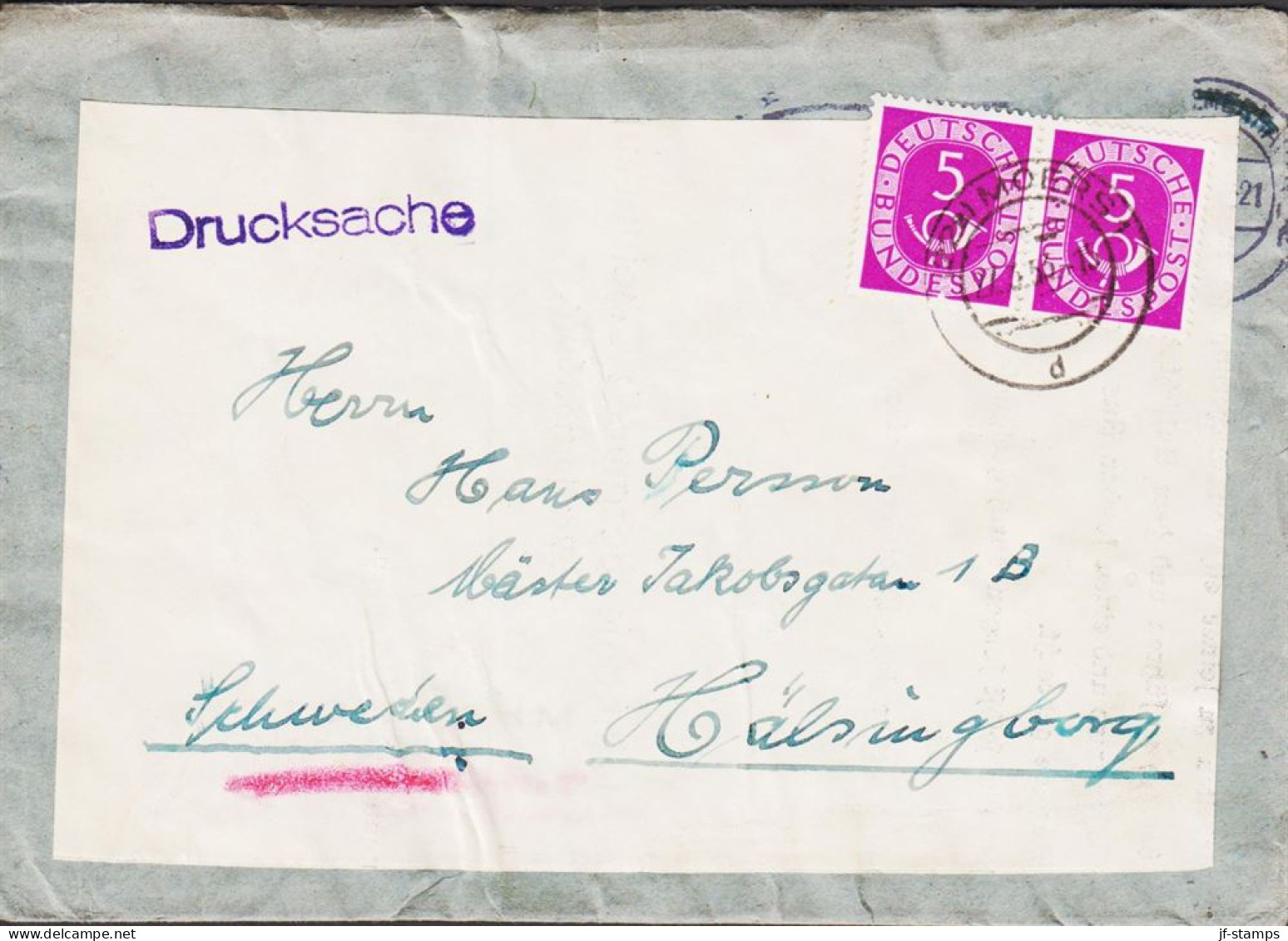 1953. DEUTSCHE BUNDESPOST. Pair 5 Pf POSTHORN On Reused Envelope To Sweden As Printed Mat... (Michel 125/125) - JF545709 - Covers & Documents