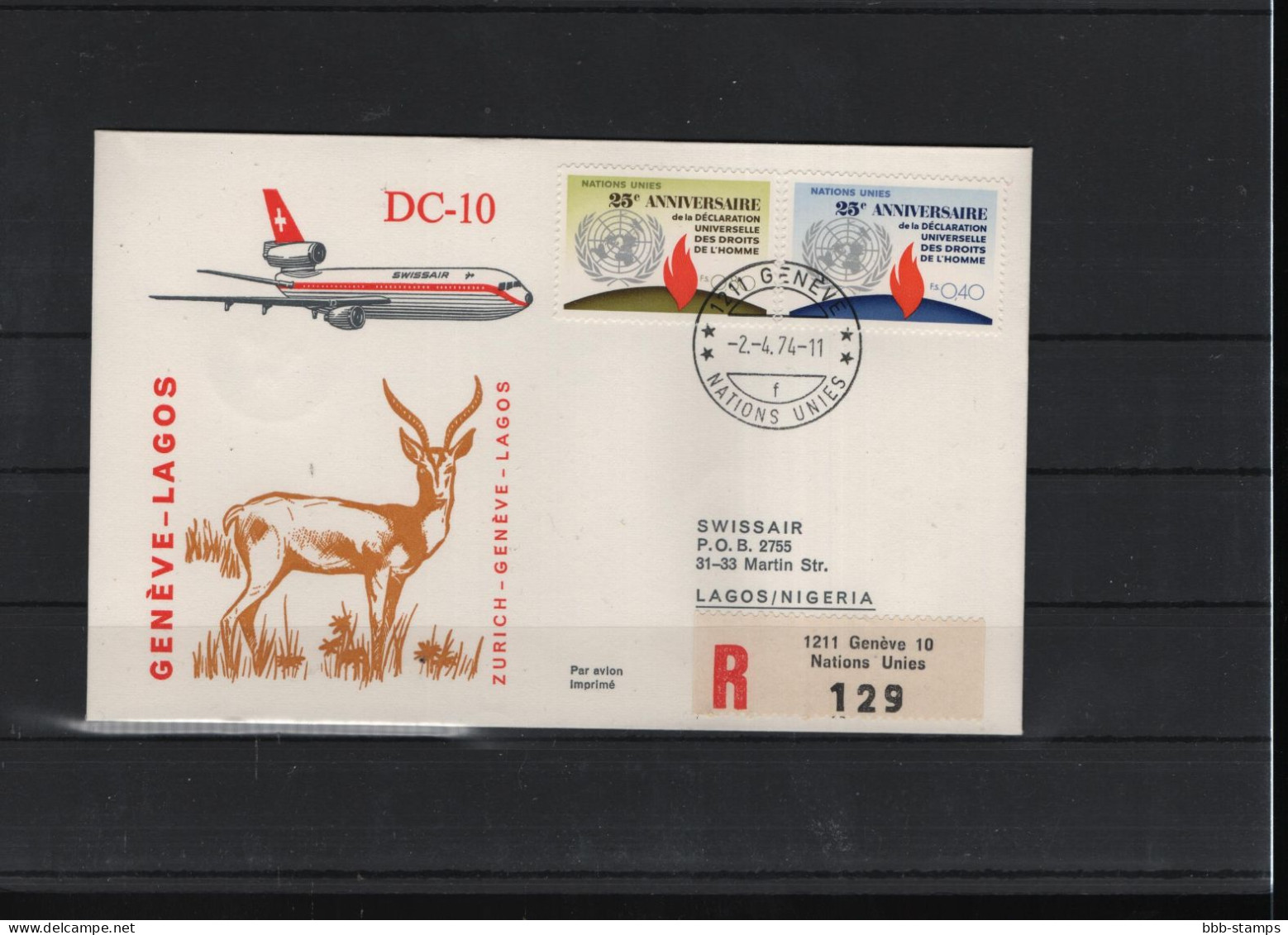 Schweiz Luftpost FFC Swissair  2.4.1974 Genf - Lagos - Erst- U. Sonderflugbriefe