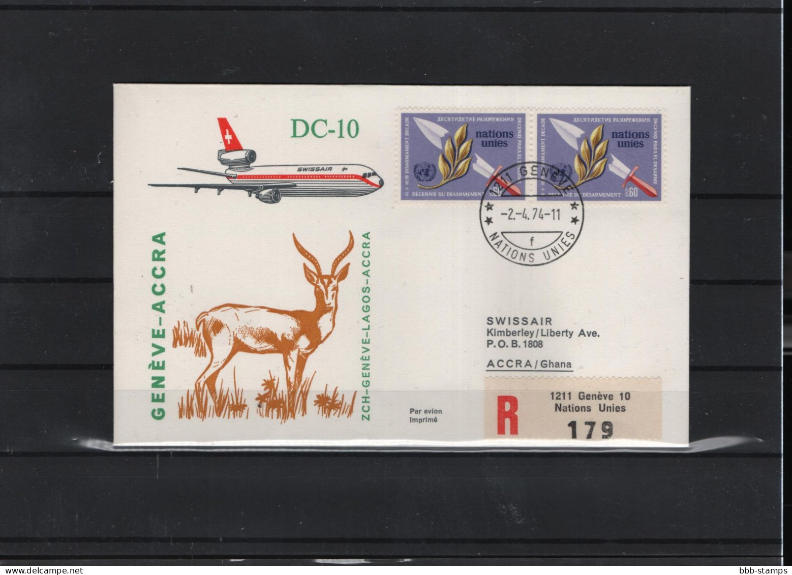 Schweiz Luftpost FFC Swissair  2.4.1974 Genf - Accra - Erst- U. Sonderflugbriefe