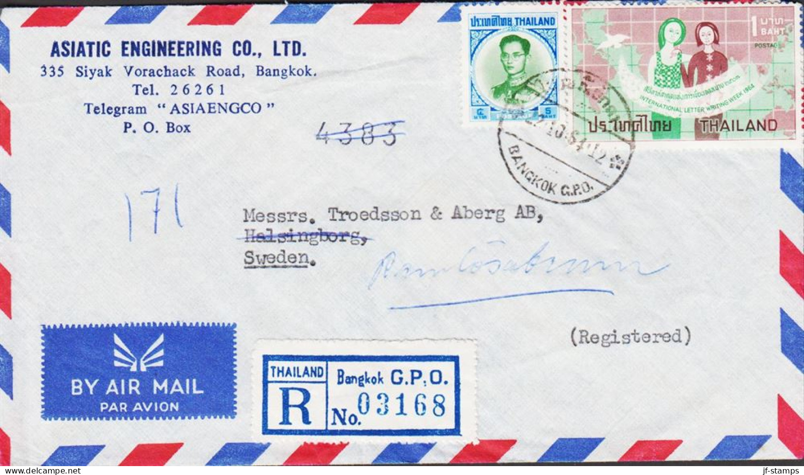 1964. Thailand. 5 BATH King Bhumibol Aduljadeh + 1 BAHT INTERNATIONAL LETTER WRITING WEEK On Registered Co... - JF545714 - Thailand