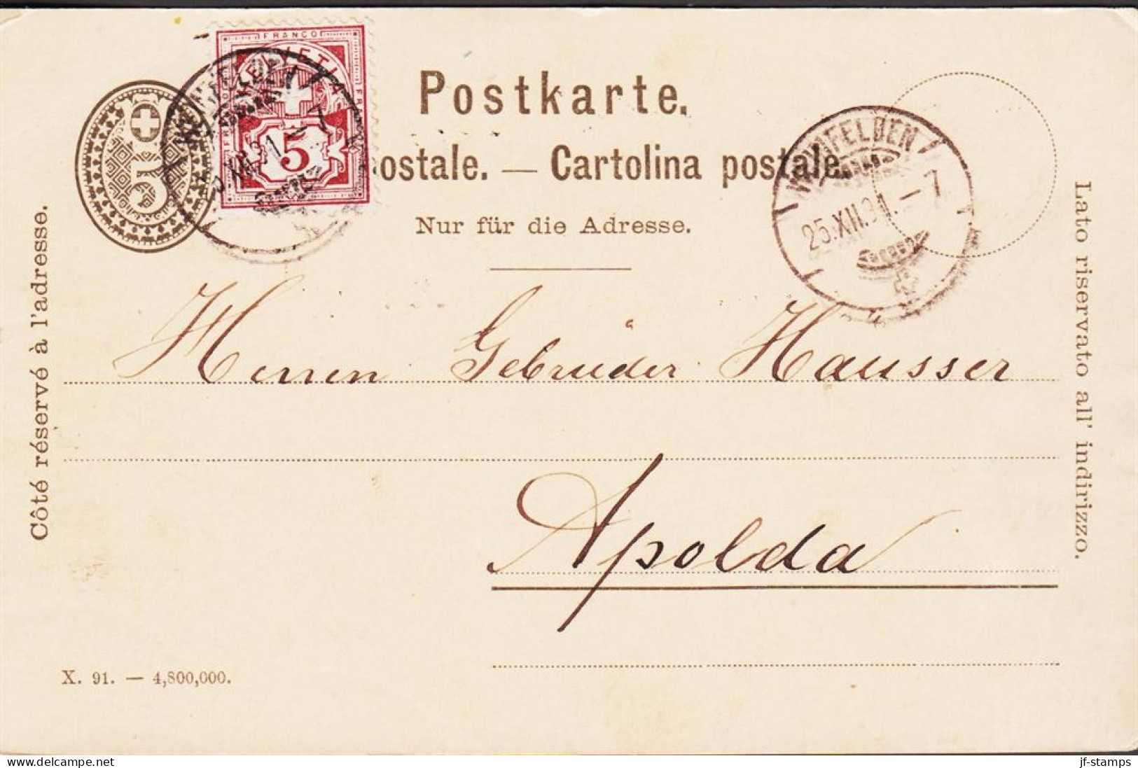 1891. SCHWEIZ. 5 C. On 5 C Postkarte To Apolda Cancelled INTERLAKEN 25. XII.91.  - JF545716 - Lettres & Documents