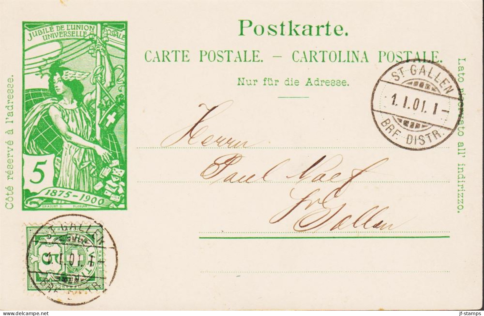 1901. SCHWEIZ. 5 C. Carte Postale Jubile De L'union Postale Universelle 1875-1900 + 5 C Beautifully Cancel... - JF545718 - Stamped Stationery