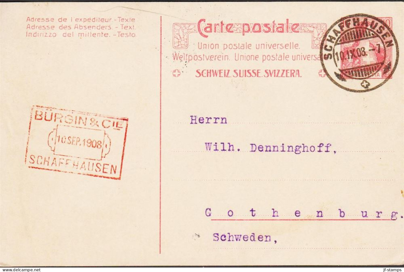 1908. SCHWEIZ. 10 C. Carte Postale. To Sweden Beautifully Cancelled SCHAFFHAUSEN 10.IX.08.  - JF545719 - Enteros Postales