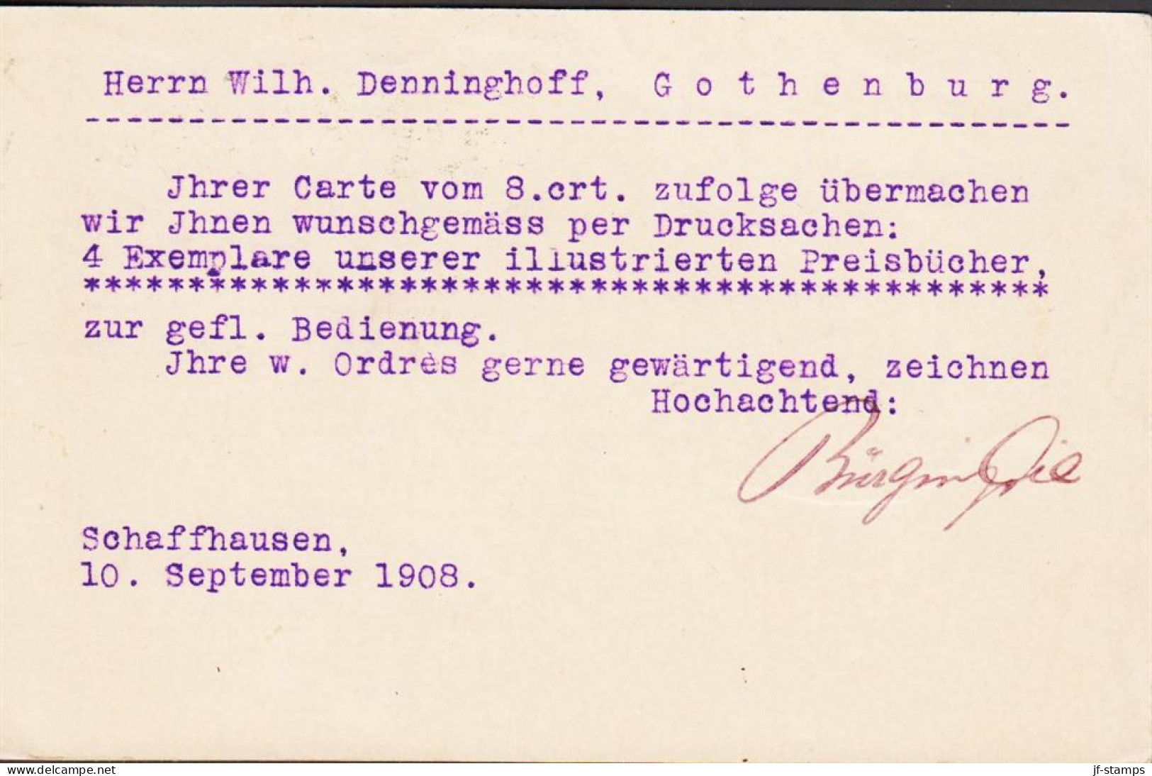 1908. SCHWEIZ. 10 C. Carte Postale. To Sweden Beautifully Cancelled SCHAFFHAUSEN 10.IX.08.  - JF545719 - Enteros Postales