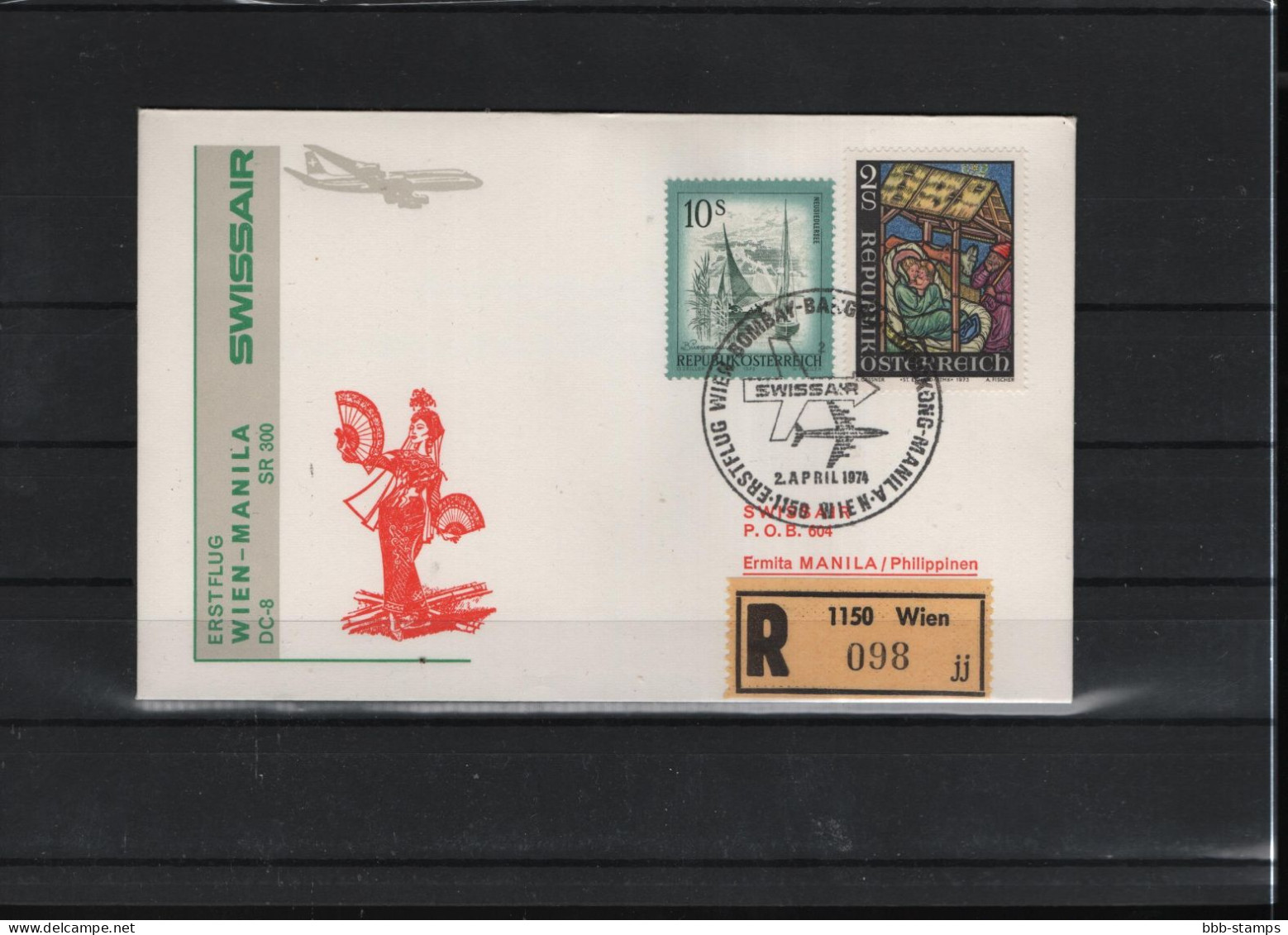 Schweiz Luftpost FFC Swissair  2.4.1974 Wien - Manila - Erst- U. Sonderflugbriefe