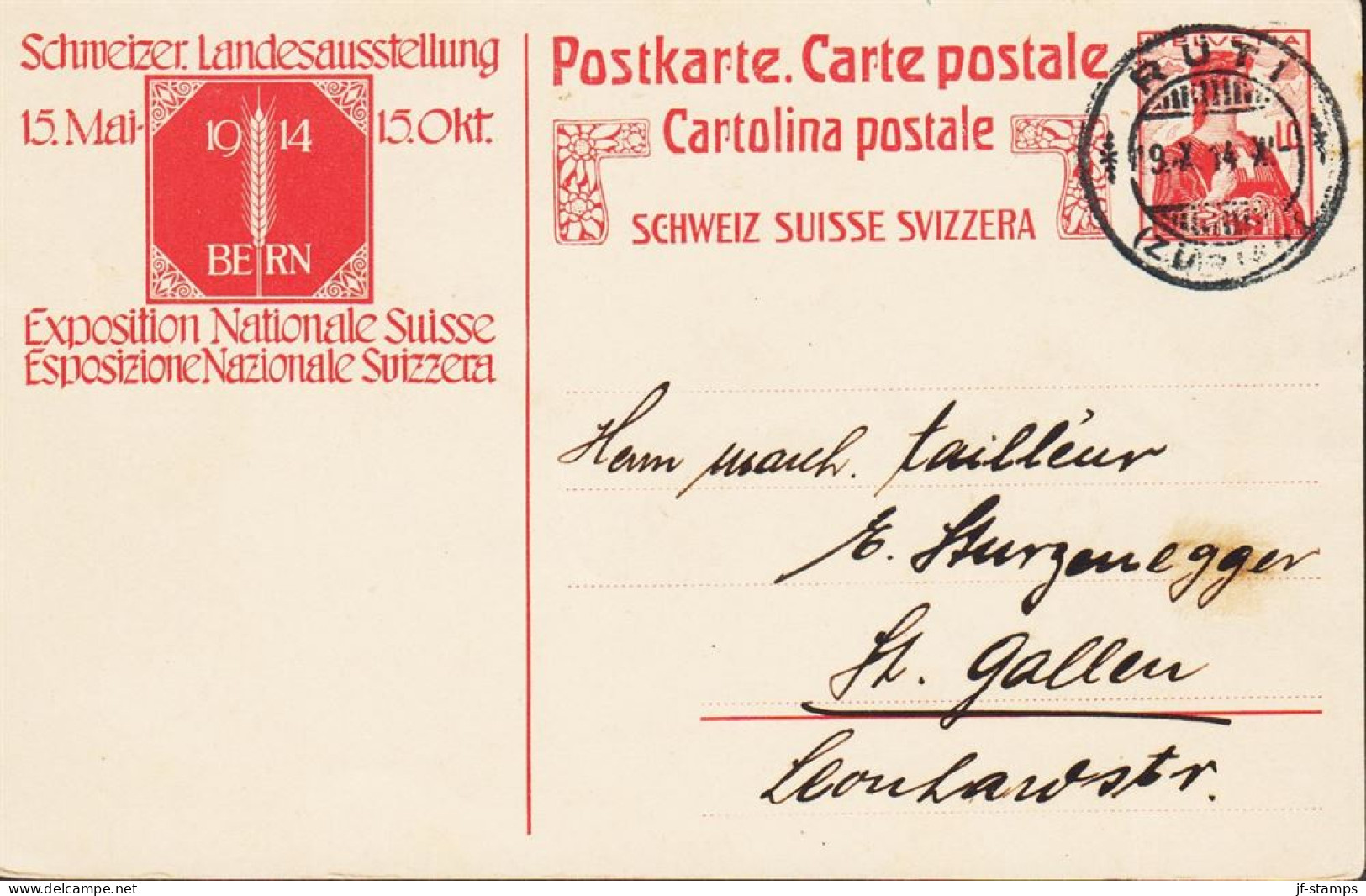 1914. SCHWEIZ. 10 C. HELVETIA Postkarte Schweizer Landseausstellung 1914. Cancelled __RÜTI 19 X 14. __  - JF545721 - Stamped Stationery