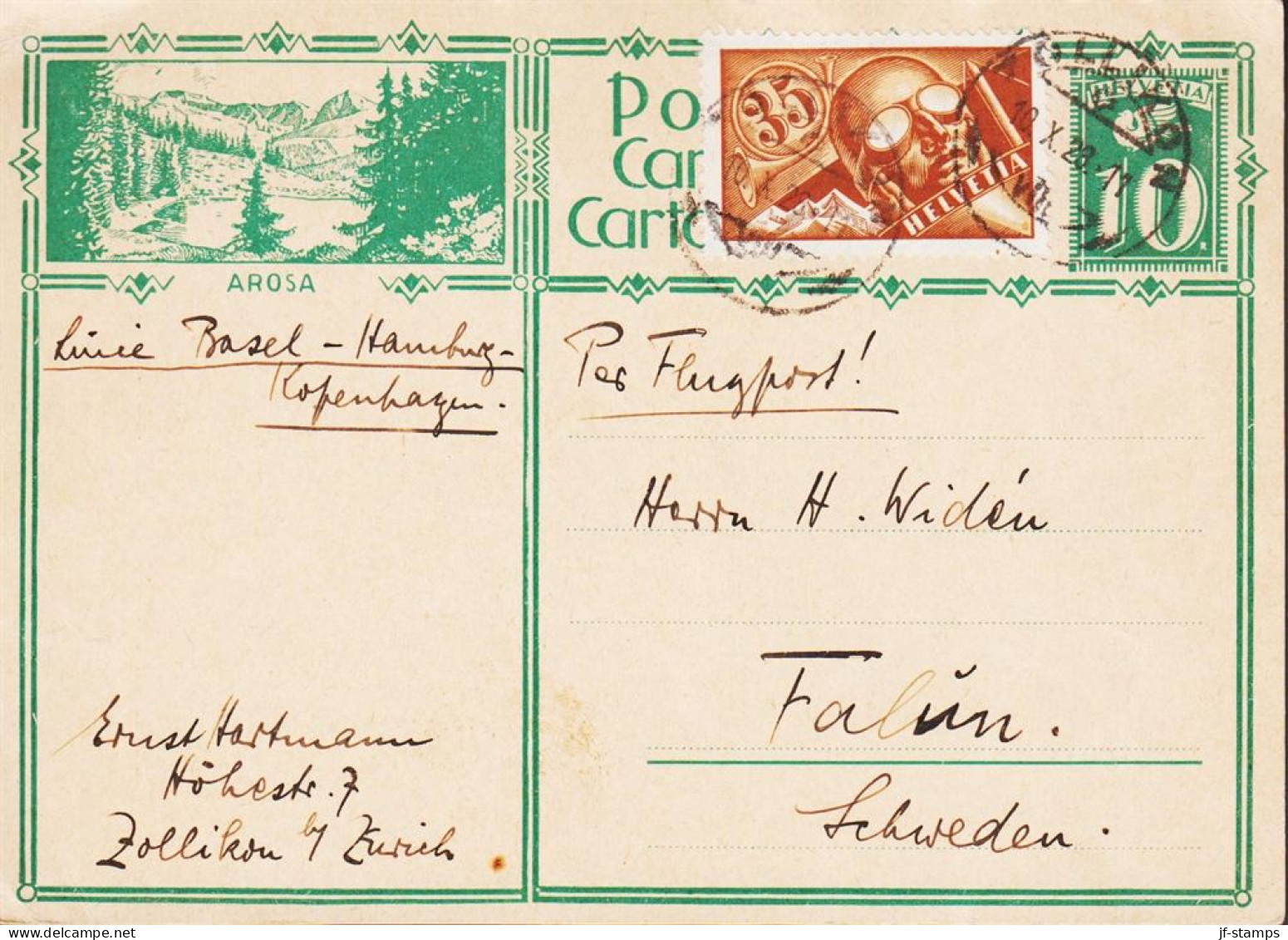 1928. SCHWEIZ  HELVETIA. Fine 10 C Postcard Landscape AROSA With Additional 35 C. FLUGPOST P... (Michel 181+) - JF545723 - Primi Voli