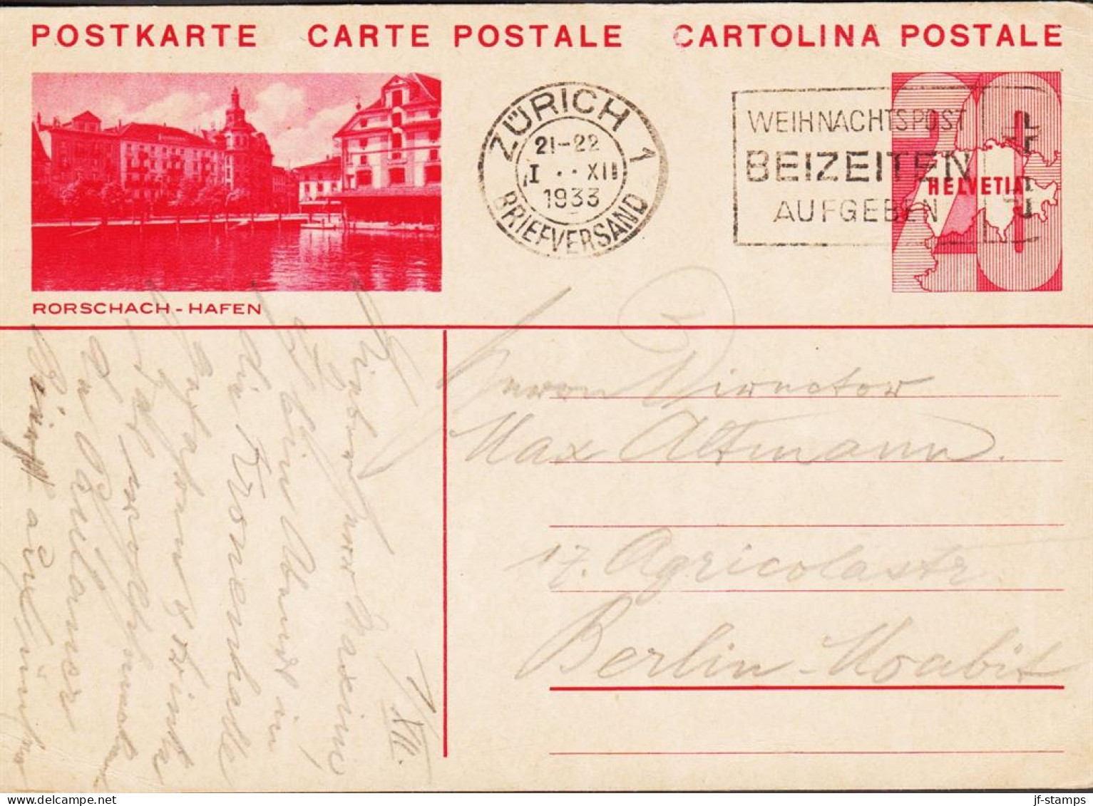 1933. SCHWEIZ HELVETIA. 20 C. CARTE POSTALE Motive RORSCHACH HAFEN Cancelled ZÜRICH I XII 1933 WEIHNACHTSP... - JF545725 - Postwaardestukken