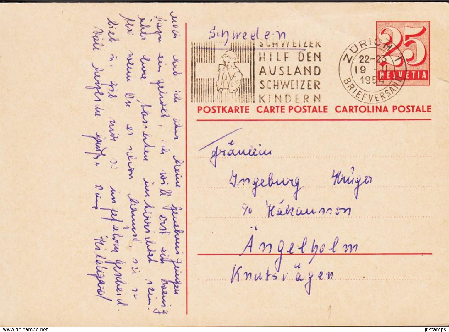 1954. SCHWEIZ HELVETIA. 25 C. CARTE POSTALE Cancelled With Slogan Cancel ZÜRICH 19 II 1954 SCHWEIZER HILF ... - JF545727 - Stamped Stationery