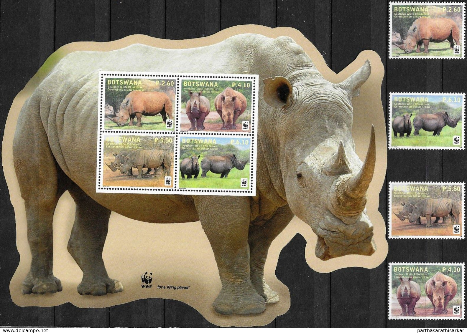 BOTSWANA 2011 WWF SOUTHERN WHITE RHINOCEROS COMPLETE SET WITH ODD SHAPE MINIATURE SHEET MS MNH - Unused Stamps