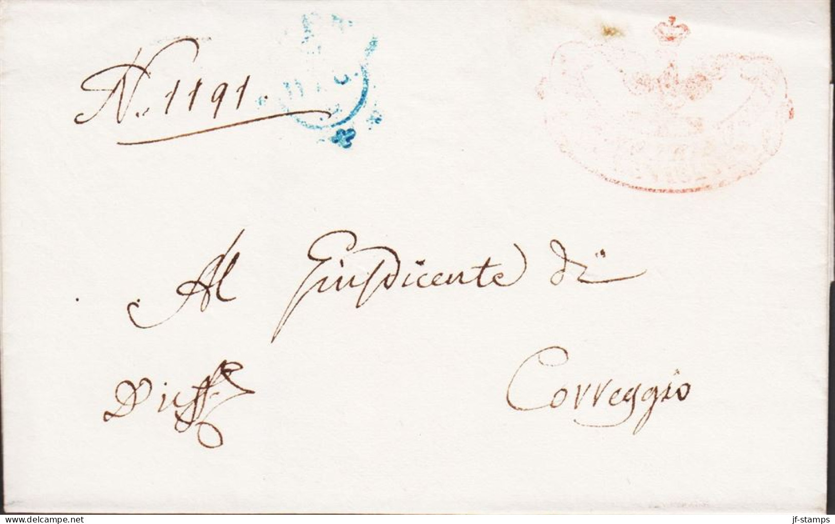 1854. MODENA. Nice Cover With Red Cancel To Corregio. Reverse Bell Shaped Cancel 29 DIC 54. Interesting Co... - JF545740 - Modène