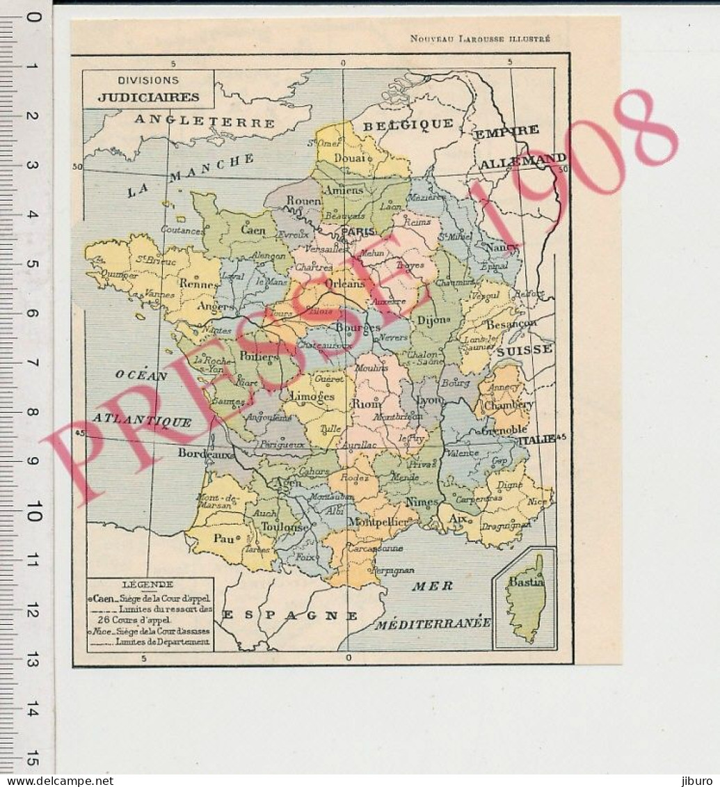 Petite Carte Géographique France 1908 Divisions Judiciaires Justice Tribunal Saint-Omer Coutances St-Mihiel Carpentras - Sonstige & Ohne Zuordnung