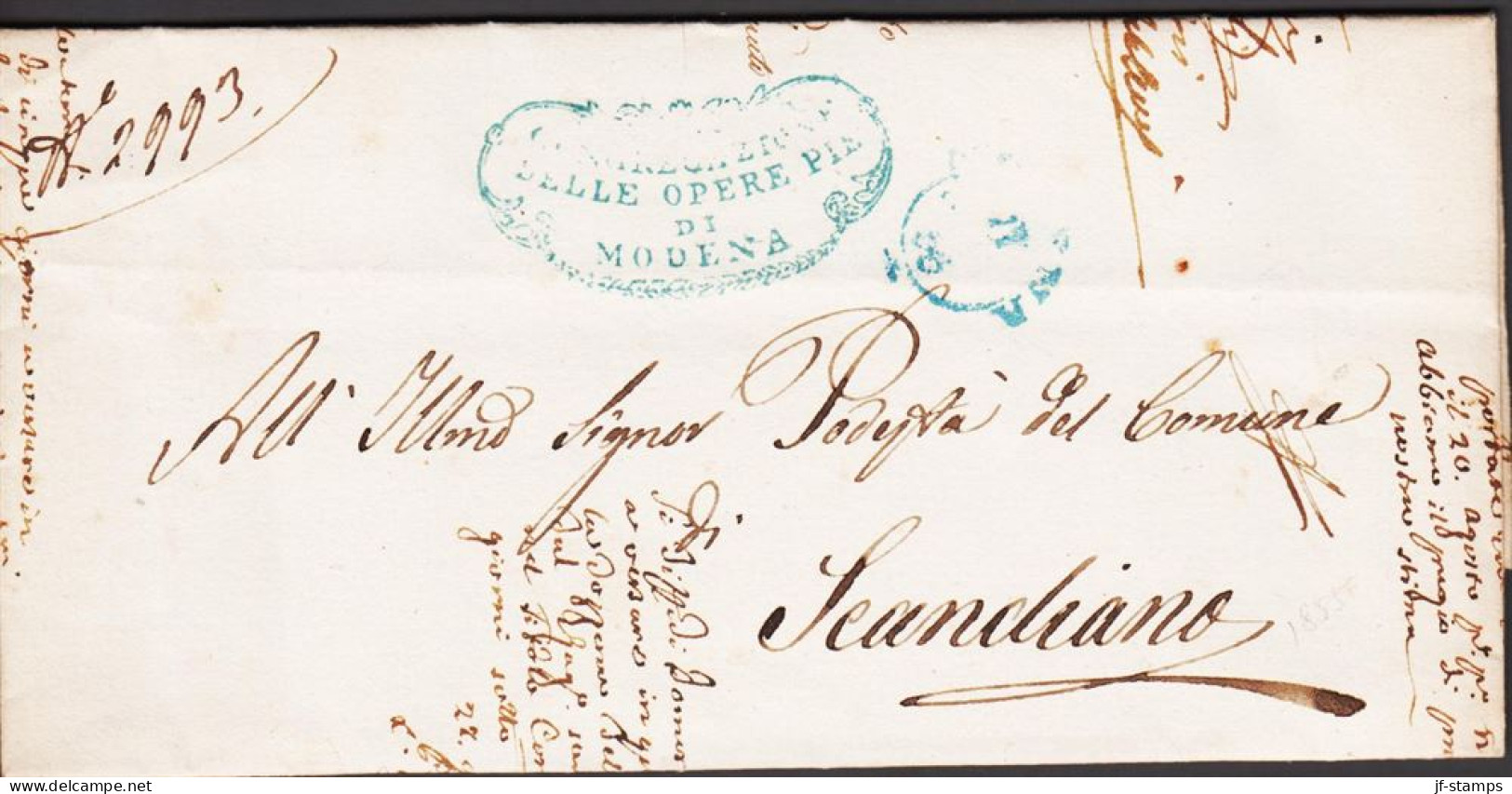 1855. MODENA. Beautiful Cover With Impressive Blue Cancel SELLE OPERE PIE DI MODERNA To Seandiano. Reverse... - JF545741 - Modène