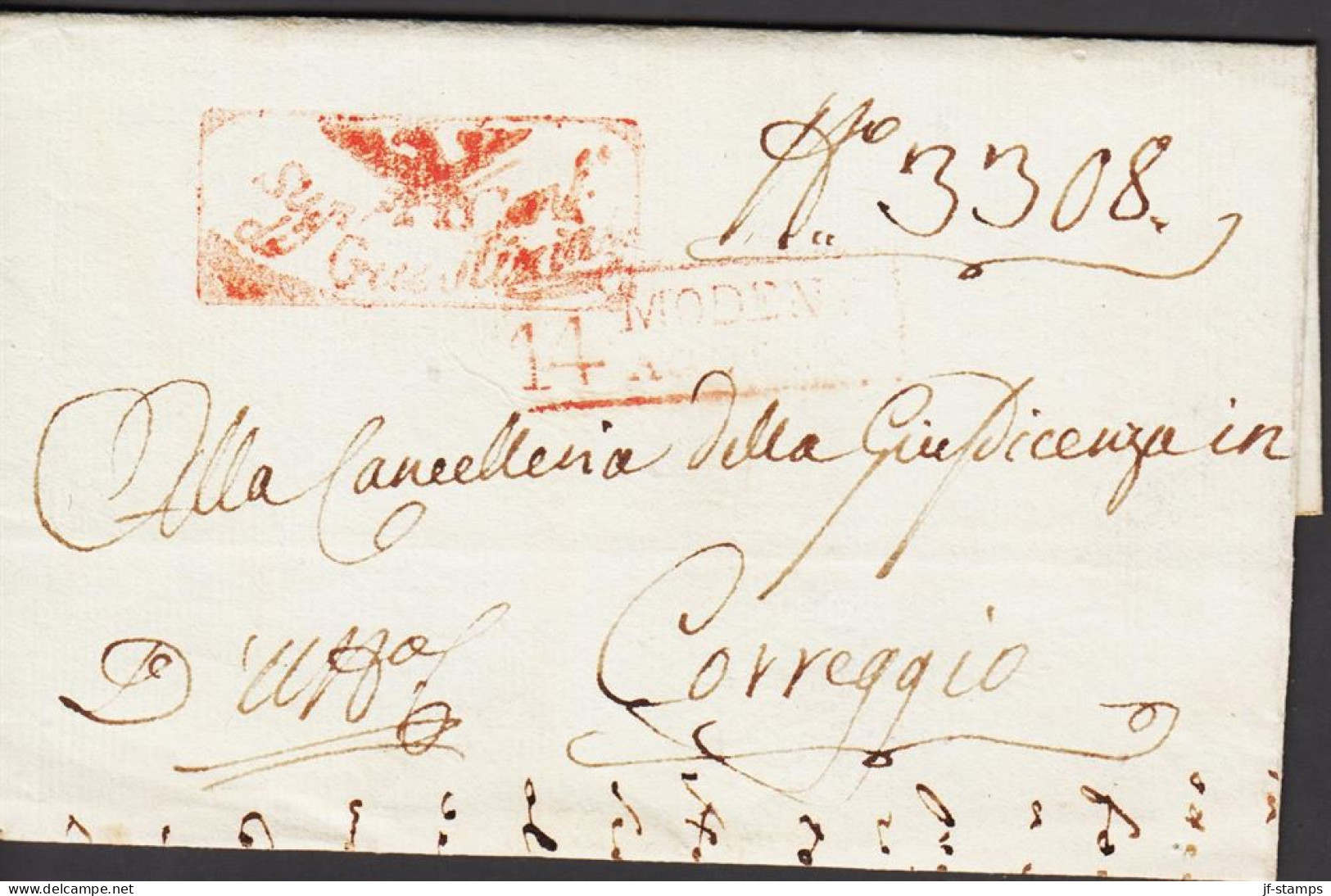 1854. MODENA. Nice Cover With Red Cancel To Corregio. Reverse Bell Shaped Cancel 29 DIC 54. Interesting Co... - JF545742 - Modène