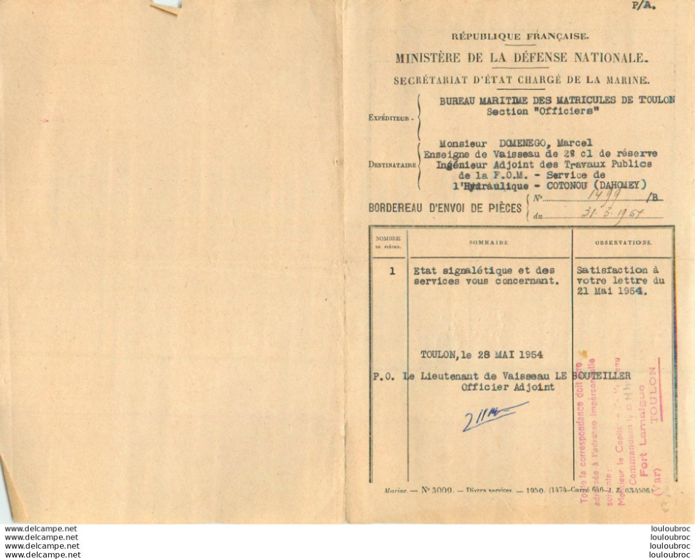 SECRETARIAT CHARGE DE LA MARINE  FICHE MATRICULE  TOULON MAI 1954 BORDEREAU ENVOI ET FICHE DOMENEGO MARCEL - Autres & Non Classés