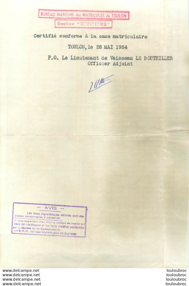 SECRETARIAT CHARGE DE LA MARINE  FICHE MATRICULE  TOULON MAI 1954 BORDEREAU ENVOI ET FICHE DOMENEGO MARCEL - Autres & Non Classés
