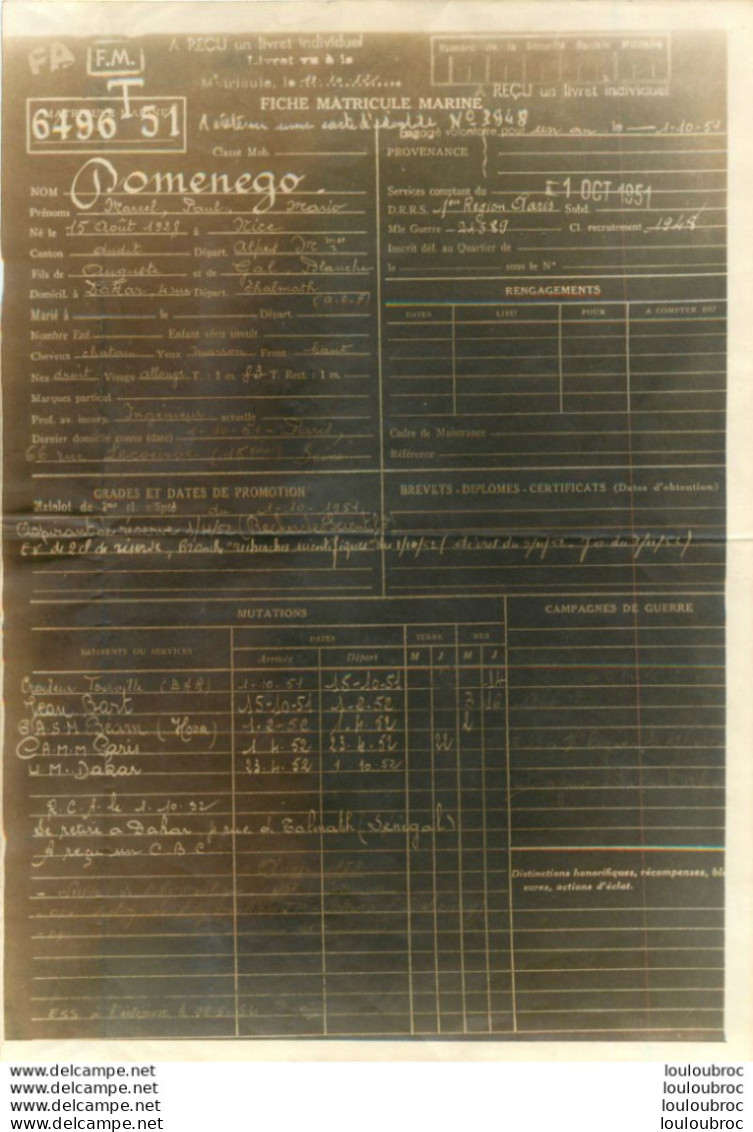 SECRETARIAT CHARGE DE LA MARINE  FICHE MATRICULE  TOULON MAI 1954 BORDEREAU ENVOI ET FICHE DOMENEGO MARCEL - Other & Unclassified