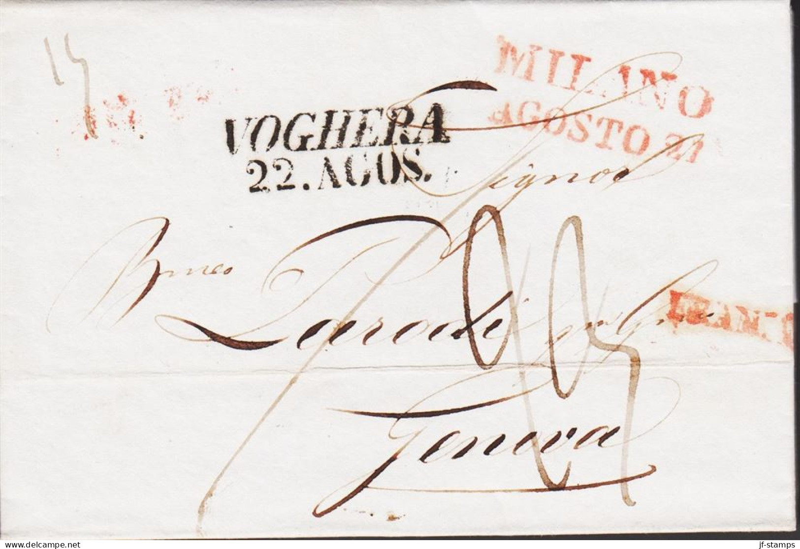 1839. MILANO. Nice Cover To Genua With Several Postal Marking And Cancel : MILANO AGOSTO 21 + VOGHERA 22.A... - JF545746 - 1. ...-1850 Vorphilatelie
