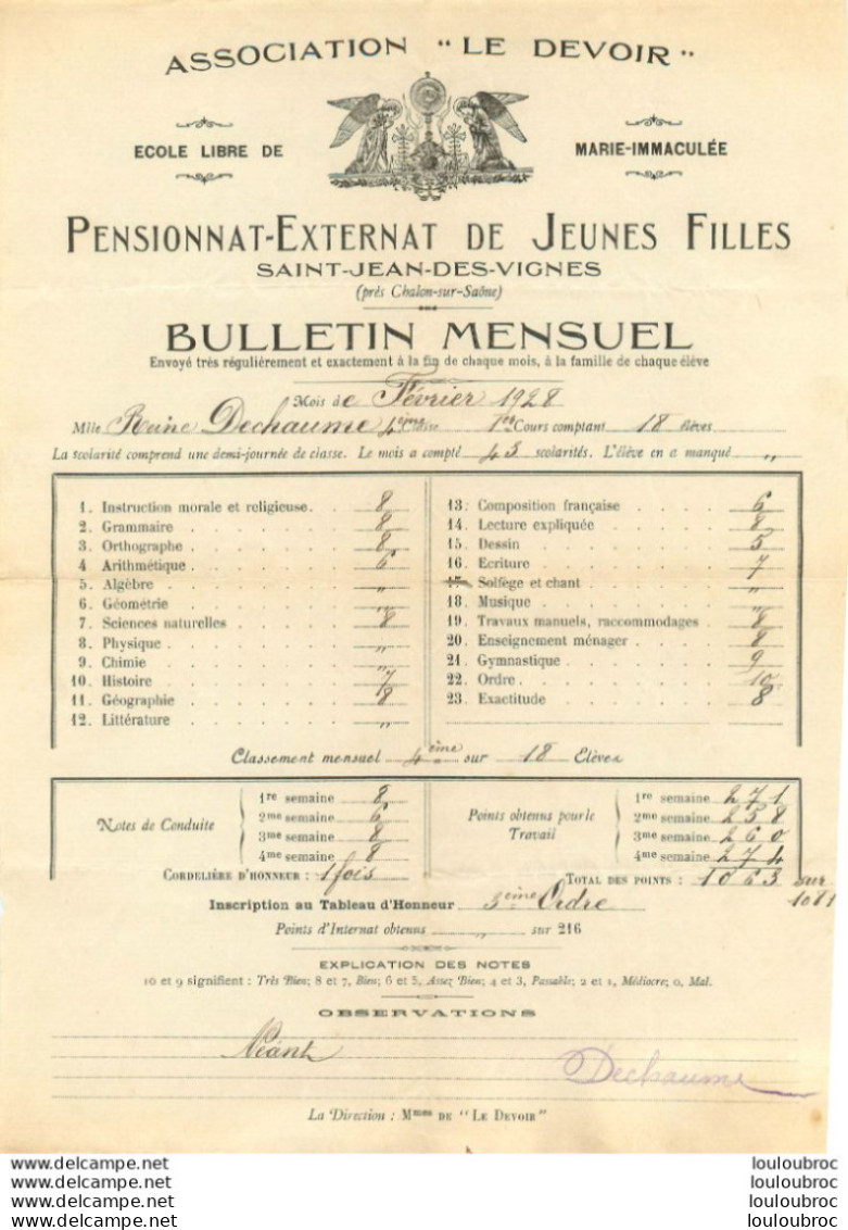 SAINT JEAN DES VIGNES ASSOCIATION LE DEVOIR 02/1928 BULLETIN MENSUEL MLLE REINE DECHAUME - Diploma & School Reports