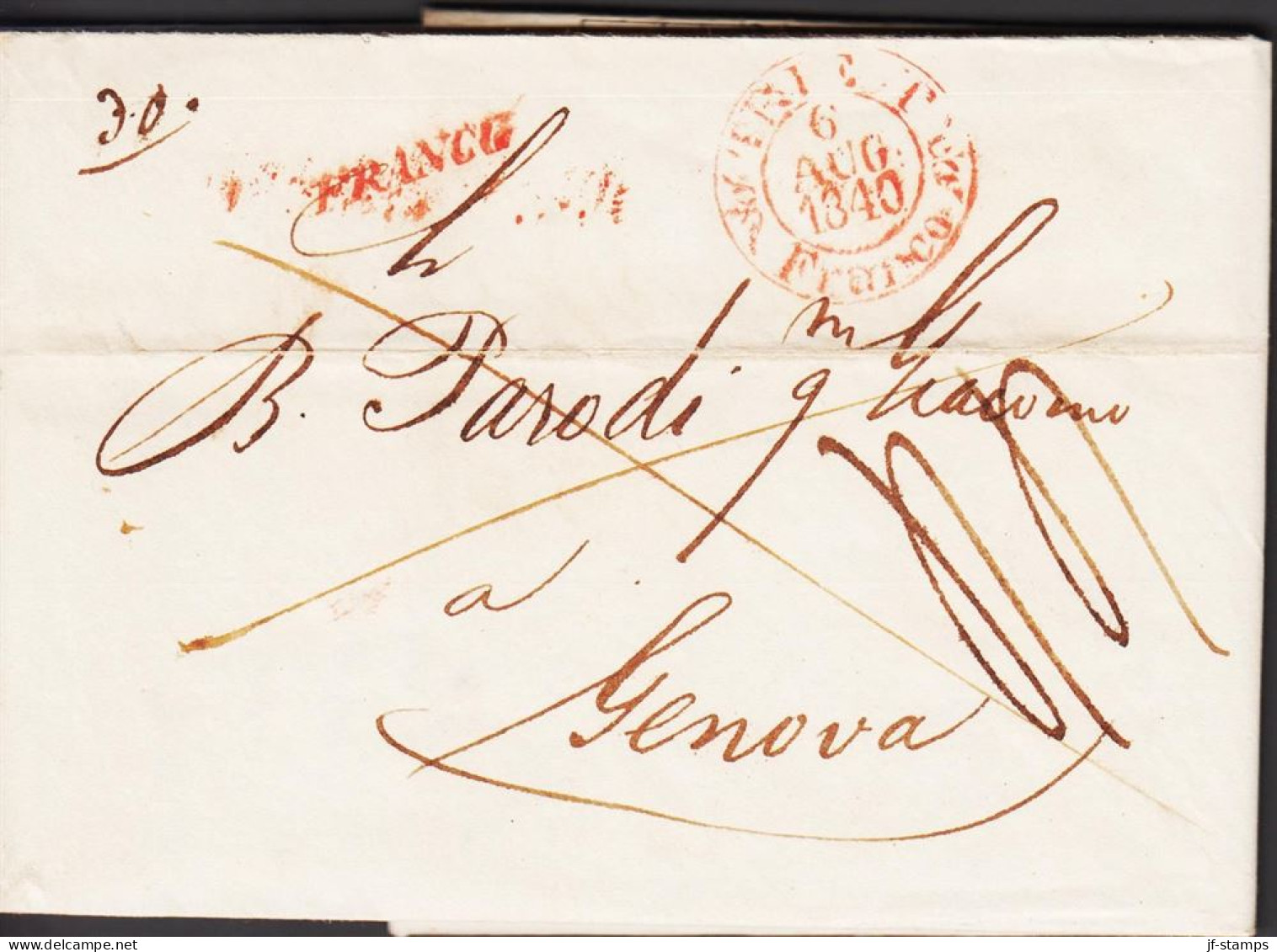 1840. TRIESTE. Nice Cover To Genua With Several Postal Marking And Orange Cancel : TRIEST 6 AUG 1840 Franc... - JF545747 - 1. ...-1850 Vorphilatelie