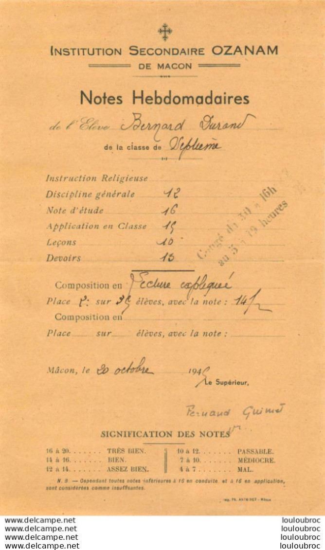 MACON 1945 ECOLE INSTITUTION SECONDAIRE OZANAM NOTES HEBDOMADAIRES  ELEVE BERNARD DURAND - Diplômes & Bulletins Scolaires