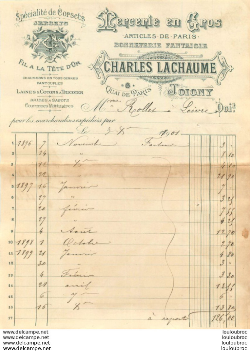 JOIGNY 1901 CHARLES LACHAUME MERCERIE EN GROS - 1900 – 1949