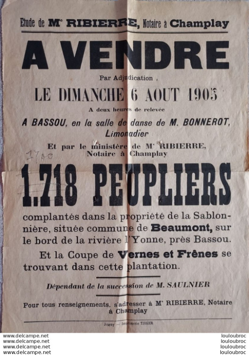 AFFICHE BEAUMONT YONNE 08/1905 VENTE DE PEUPLIERS FORMAT 43 X 31 CM - Plakate