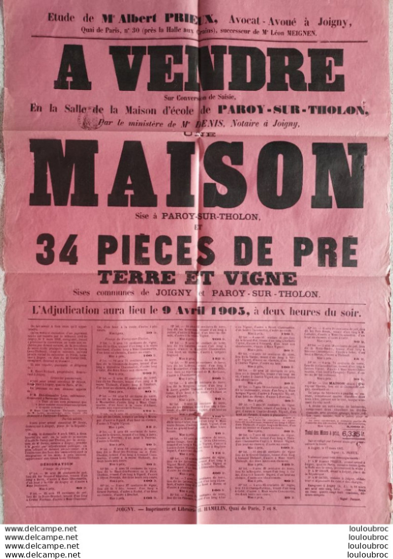 AFFICHE PAROY SUT THOLON 04/1905 VENTE MAISON ET PIECES DE PRE FORMAT 61 X 42 CM - Affiches