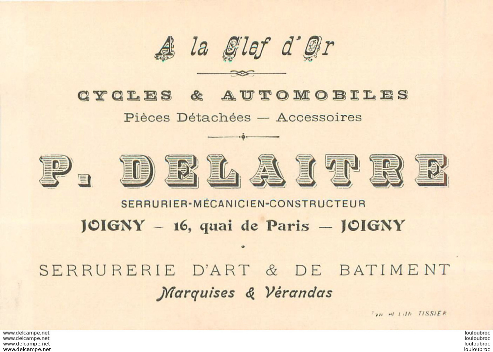 JOIGNY YONNE P. DELAITRE A LA CLEF D'OR CYCLES ET AUTOMOBILES - Visitekaartjes