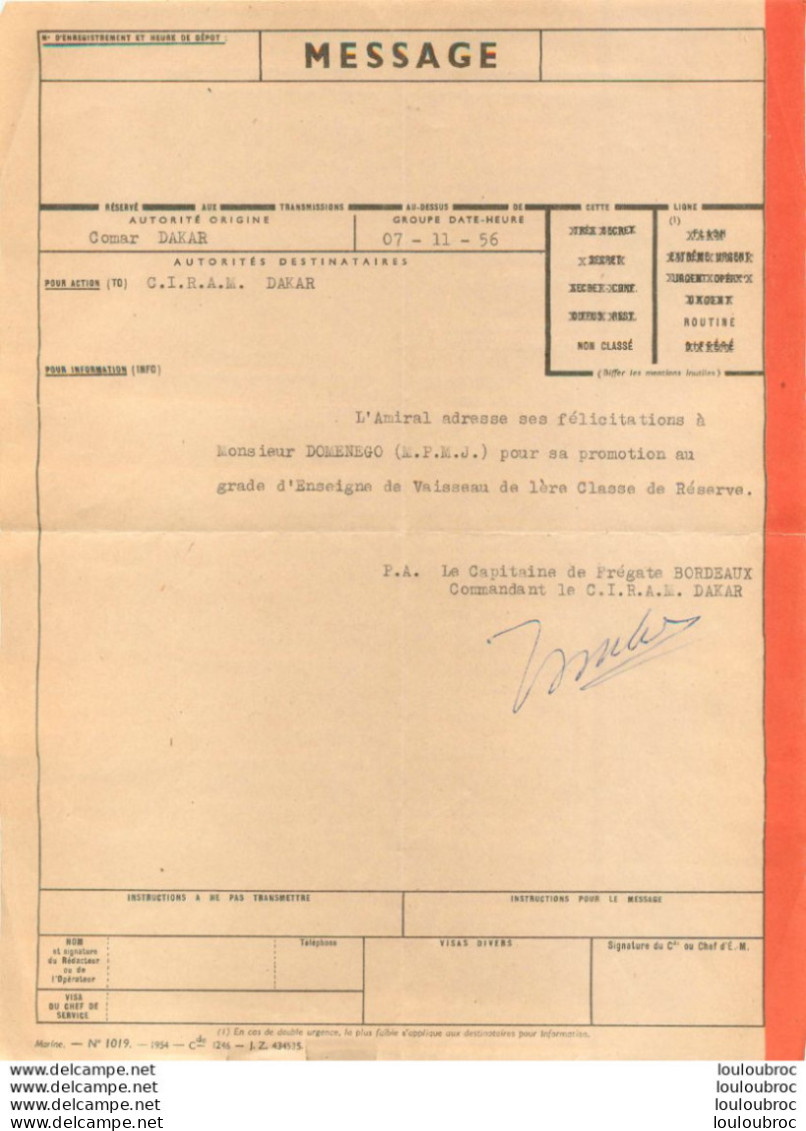FELICITATIONS DE L'AMIRAL A L'ENSEIGNE DE VAISSEAU DOMENEGO DAKAR 1956 - Sonstige & Ohne Zuordnung