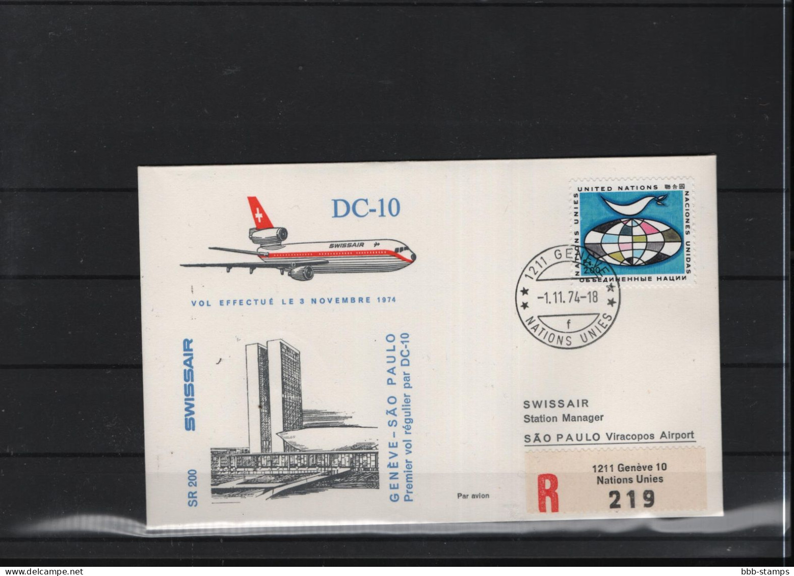 Schweiz Luftpost FFC Swissair  1.11.1974 Genf - Sao Paulo - Primi Voli