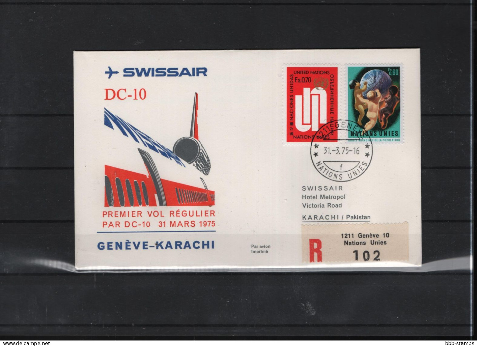 Schweiz Luftpost FFC Swissair  31.3.1975 Genf - Karachi - Primeros Vuelos