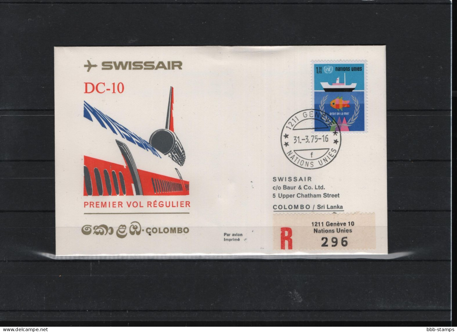 Schweiz Luftpost FFC Swissair  31.3.1975 Genf - Colombo - First Flight Covers