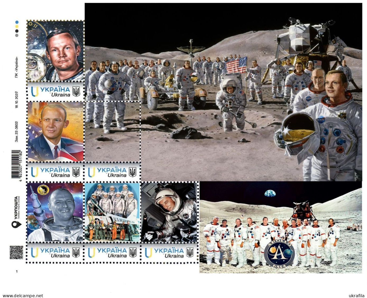 Ukraine 2022, Space, Astronomy, Solar System, Moon, USA Astronauts, Sheetlet Of 9v - Ukraine