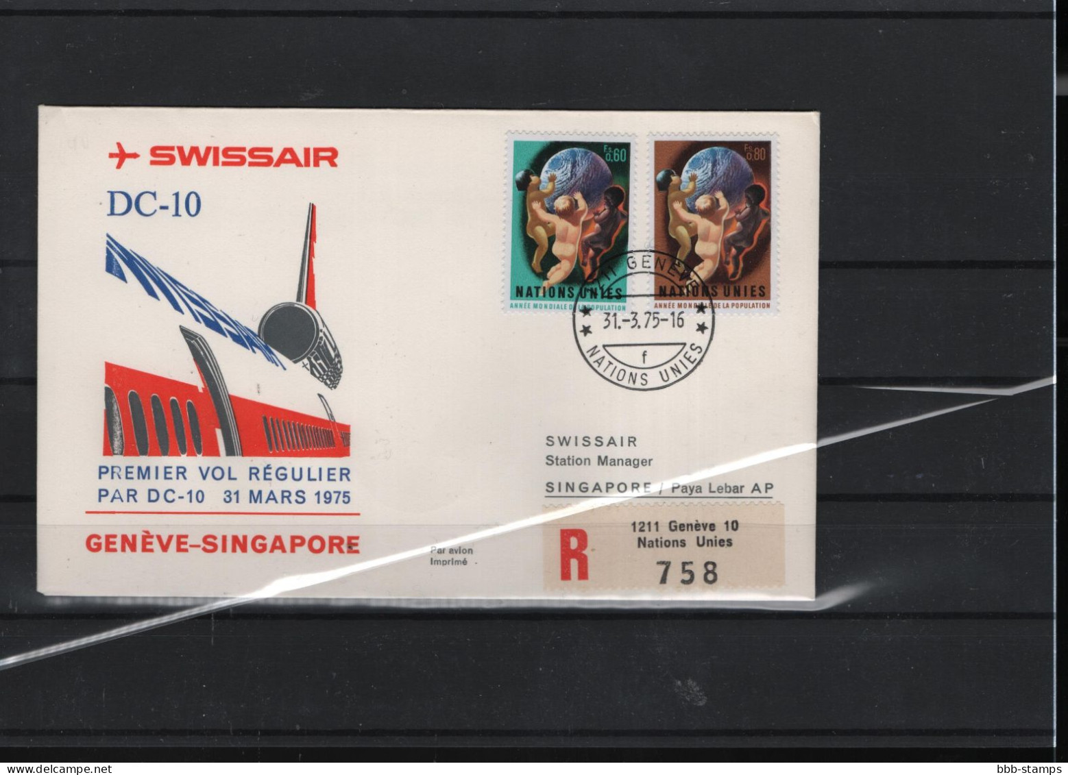 Schweiz Luftpost FFC Swissair  31.3.1975 Genf - Singapur - Erst- U. Sonderflugbriefe