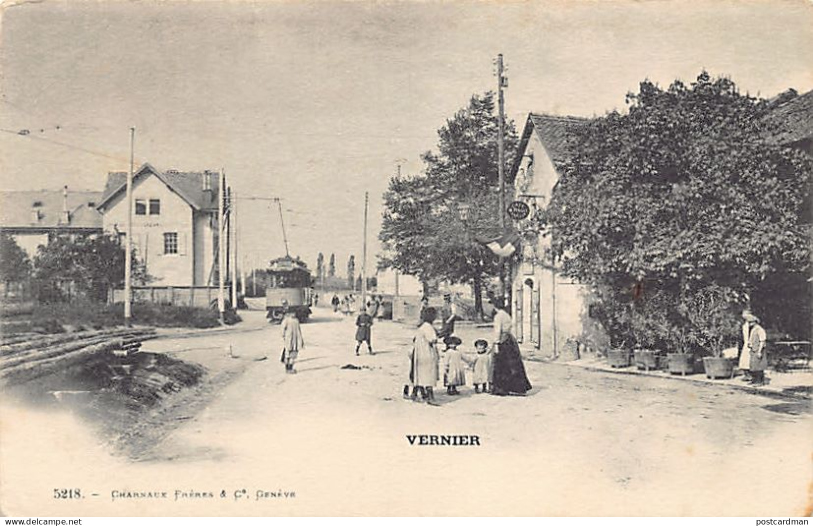 VERNIER (GE) Rue - Tramway -  Cafe Pavillon M. Pinget - Ed. Charnaux Frères 5218 - Vernier