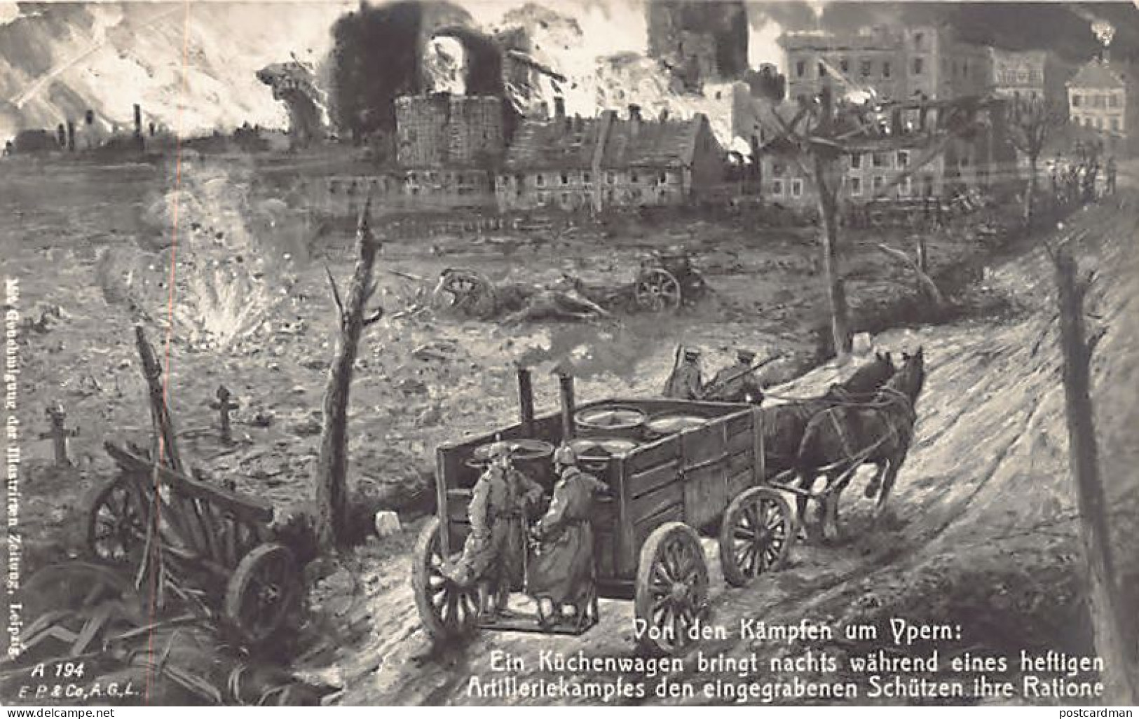 België - IEPER (W. Vl.) Eerste Wereldoorlog - 's Nachts, Tijdens Een Hevig Artilleriegevecht, Brengt Een Keukenkar De In - Ieper
