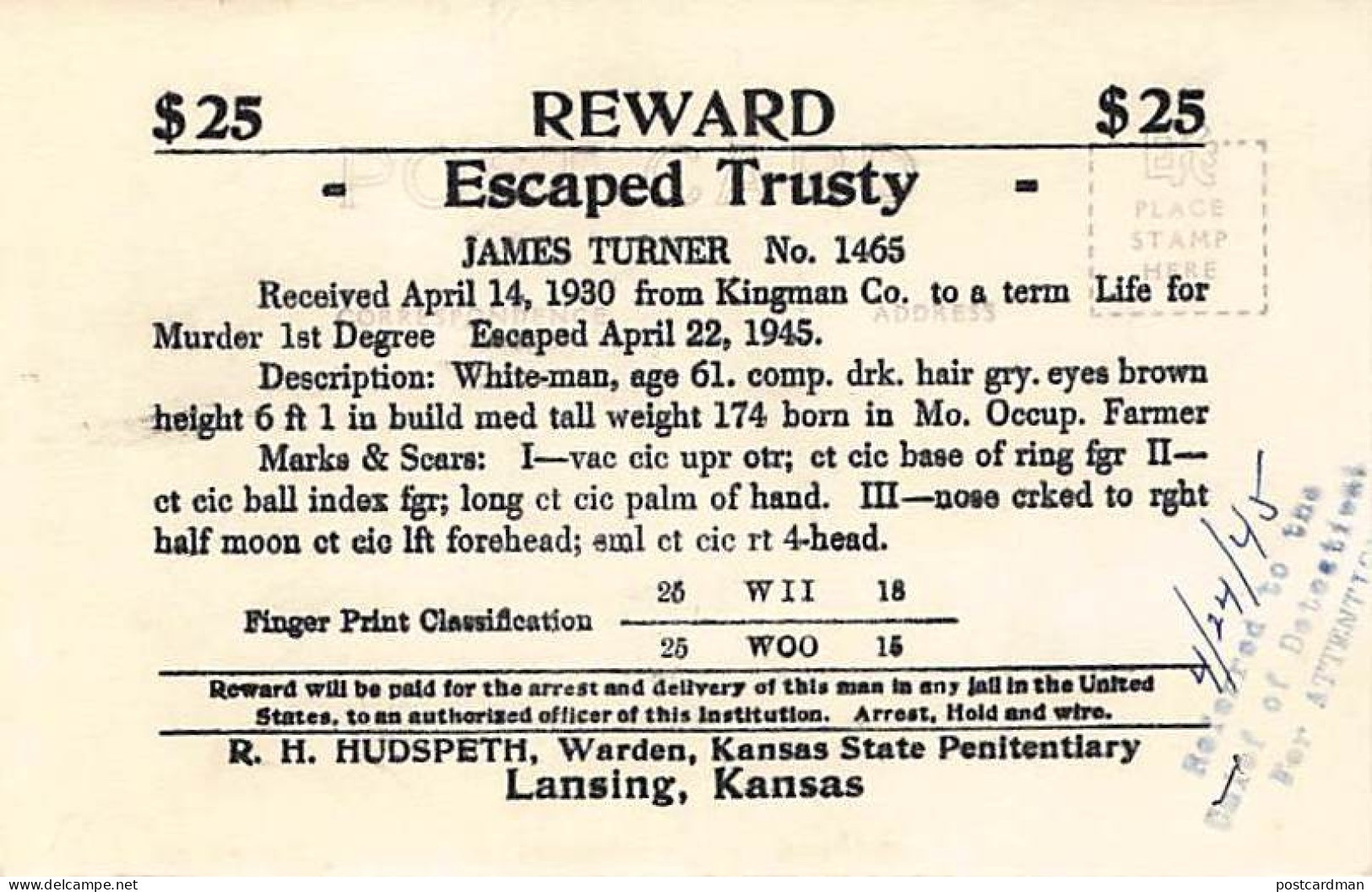 LANSING (KS) - Reward For J. Turner, Escaped From Ks. State Penitenciary On April 22, 1945 - REAL PHOTO. - Otros & Sin Clasificación