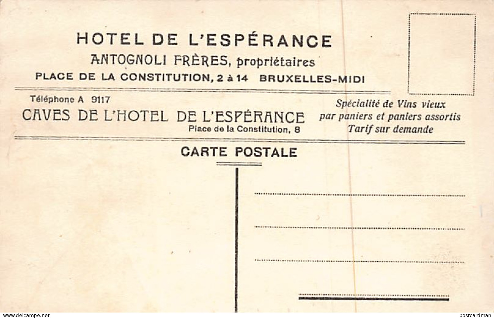 Belgique - BRUXELLES - Caves De L'Hôteld E L'Espérance, Place De La Constitution 2 à 14 - Antognoli Frères - Cafés, Hôtels, Restaurants