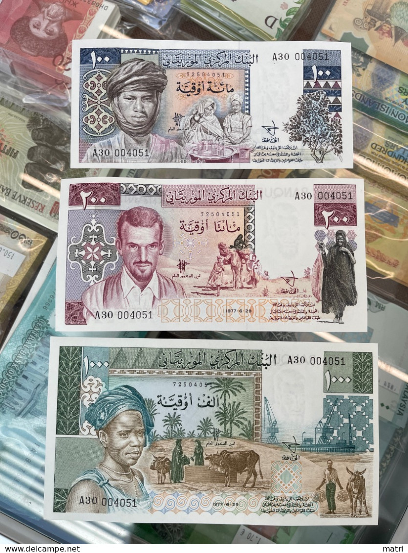 Mauritania Set Of 3 Unissued Banknotes - 100, 200, 1000 Ouguiya 1975-1977 P-3A, P-3B, P-3C UNC - Mauritanie