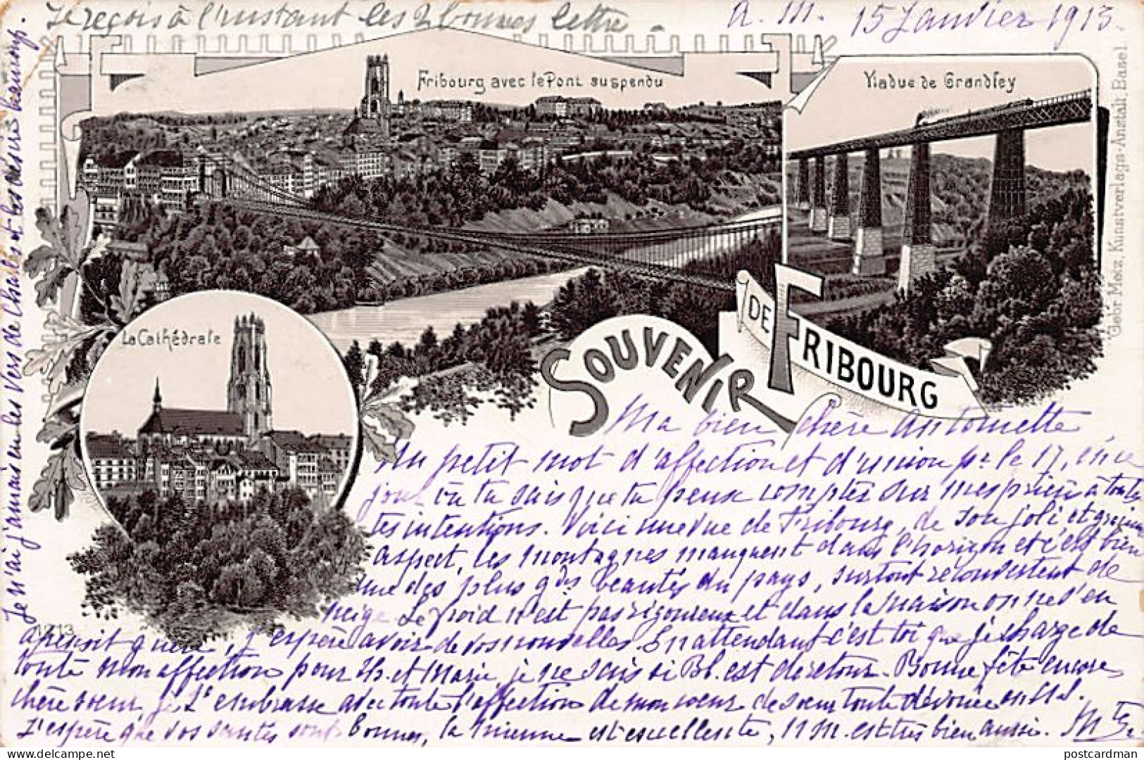 FRIBOURG - Litho - Souvenir De - Viaduc De Grandfey - Pont Suspendu - Verlag Gebr. Metz 1213 - Fribourg