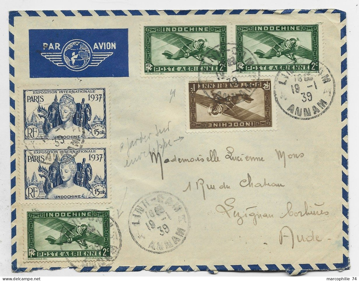 INDOCHINE PA 2CX3+1C+ 15CX2 EXPO PARIS 1937 LETTRE COVER AVION LINH DAM 19.1.1939 ANNAM POUR FRANCE - Briefe U. Dokumente