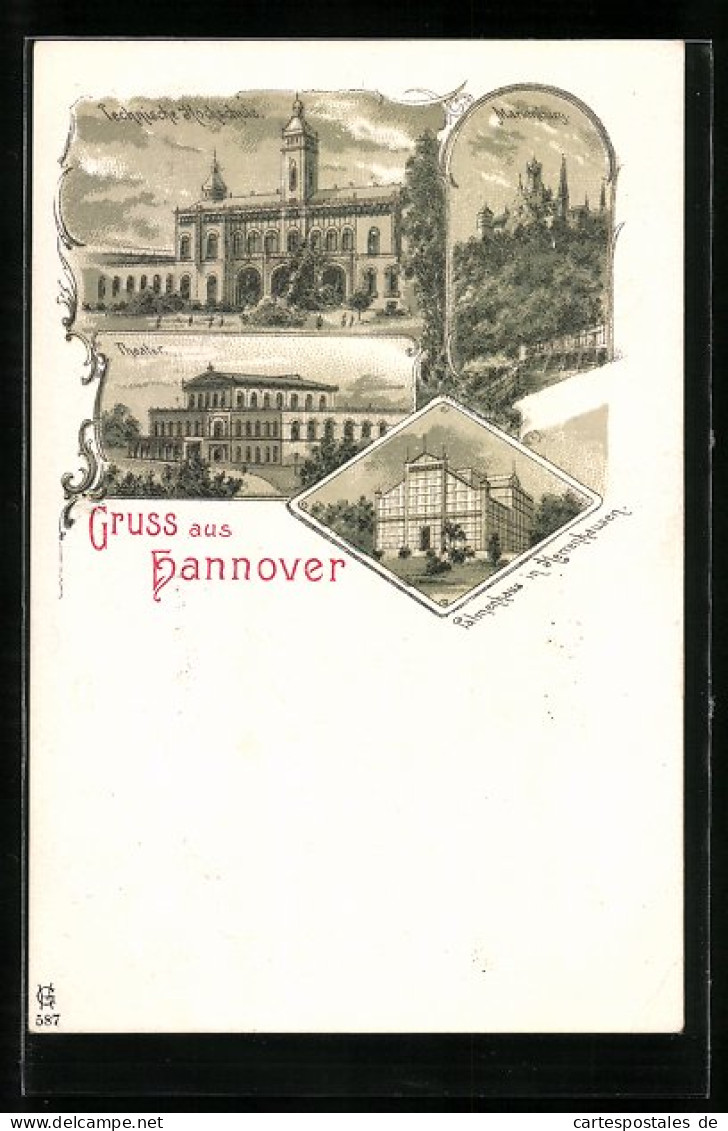 Lithographie Hannover, Theater, Marienburg, Theater Und Palmenhaus In Herrenhausen  - Theater