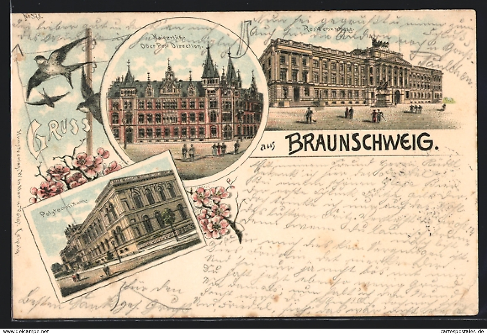 Lithographie Braunschweig, Residenzschloss, Kaiserliche Ober Post Direction, Polytechnikum  - Braunschweig
